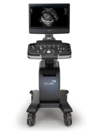 Aparat USG Alpinion E-CUBE 7 z monitorem i obrazem ultrasonograficznym