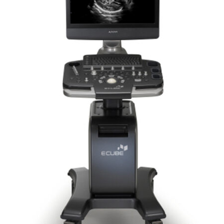 Aparat USG Alpinion E-CUBE 7 z monitorem i obrazem ultrasonograficznym
