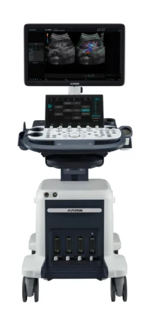 Aparat USG Alpinion X-CUBE 60 z dwoma obrazami USG na monitorze