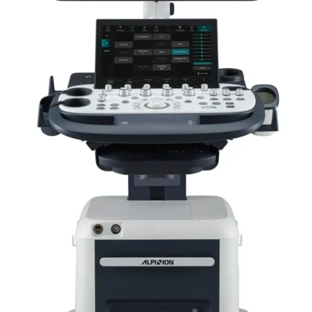Aparat USG Alpinion X-CUBE 60 z dwoma obrazami USG na monitorze