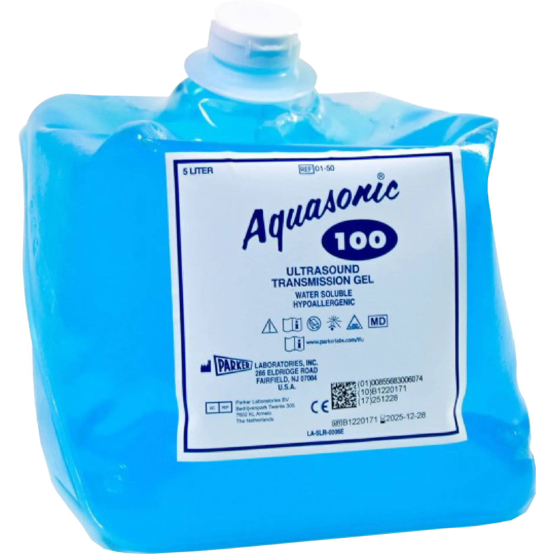 Opakowanie żelu ultrasonograficznego Aquasonic 100 na białym tle